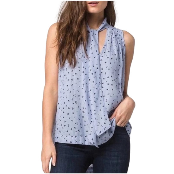 Free People  Blue Floral Neck Bow Tie Blouse Top small - Picture 1 of 12